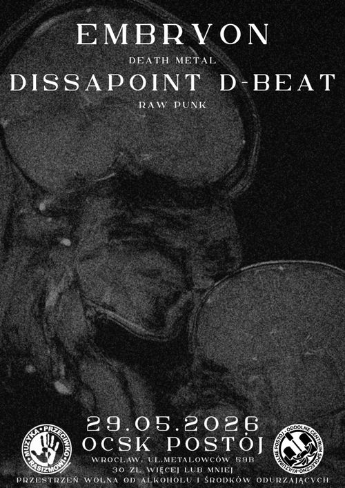 Plakat koncertu punk metal gig DISAPPOINT + EMBRYON w OCSK Postój 29.05.2025 roku.