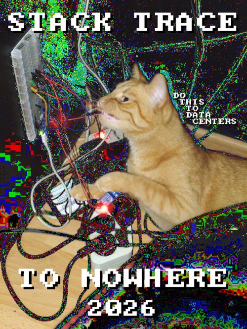 Very glitched image of an orange cat aggressively ripping out cables from a breadboard attatched to a wall. There are cables on the floor and running up the walls. Next to the cat's head there's text "do this to data centers" in a retro pixelated font. Along the top and bottom of the image is the large, titular text saying "stack trace to nowhere 2026" in the same font.